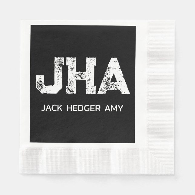 MINIMALIST WHITE THREE LETTER MONOGRAM NAME BLACK NAPKIN (Front)