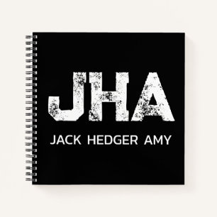 MINIMALIST WHITE THREE LETTER MONOGRAM NAME BLACK  NOTEBOOK