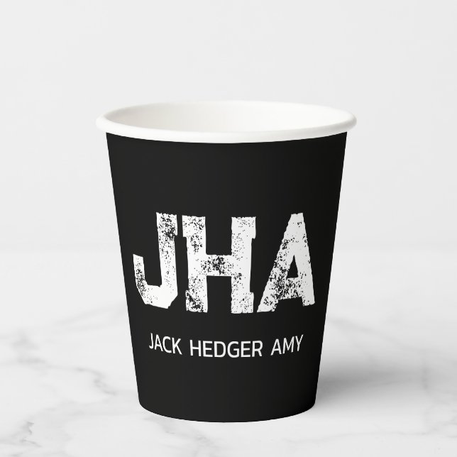 MINIMALIST WHITE THREE LETTER MONOGRAM NAME BLACK PAPER CUPS (Front)