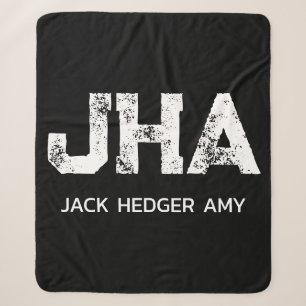 MINIMALIST WHITE THREE LETTER MONOGRAM NAME BLACK SHERPA BLANKET