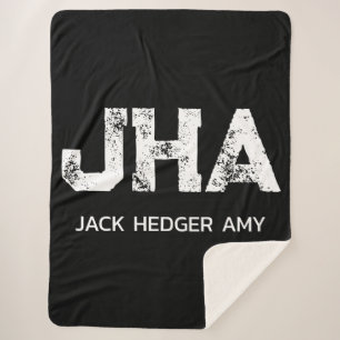 MINIMALIST WHITE THREE LETTER MONOGRAM NAME BLACK  SHERPA BLANKET