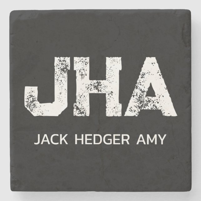 MINIMALIST WHITE THREE LETTER MONOGRAM NAME BLACK STONE COASTER (Front)