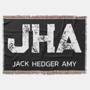 MINIMALIST WHITE THREE LETTER MONOGRAM NAME BLACK THROW BLANKET