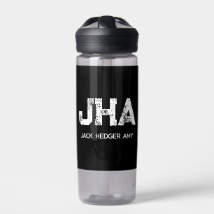 MINIMALIST WHITE THREE LETTER MONOGRAM NAME BLACK WATER BOTTLE