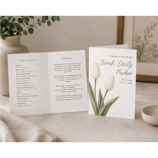 Minimalist White Tulips Funeral Program 4-Page Card (Creator Uploaded)