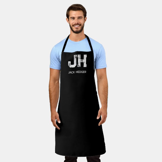 MINIMALIST WHITE TWO LETTER MONOGRAM NAME BLACK APRON (Worn)
