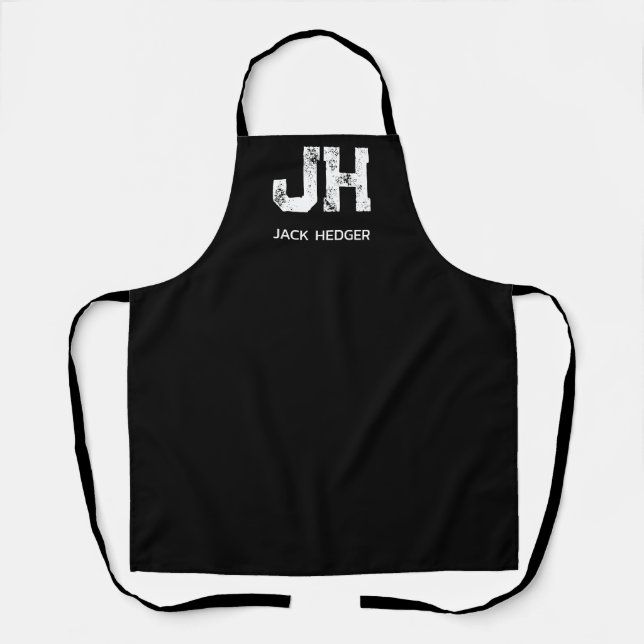MINIMALIST WHITE TWO LETTER MONOGRAM NAME BLACK APRON (Front)