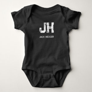 MINIMALIST WHITE TWO LETTER MONOGRAM NAME BLACK BABY BODYSUIT