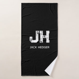 MINIMALIST WHITE TWO LETTER MONOGRAM NAME BLACK BATH TOWEL