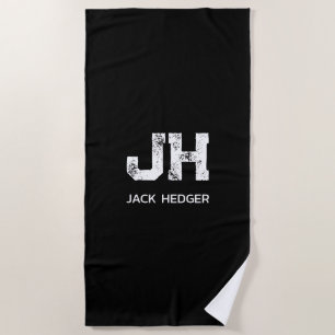 MINIMALIST WHITE TWO LETTER MONOGRAM NAME BLACK BEACH TOWEL