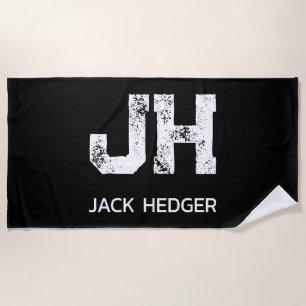 MINIMALIST WHITE TWO LETTER MONOGRAM NAME BLACK BEACH TOWEL