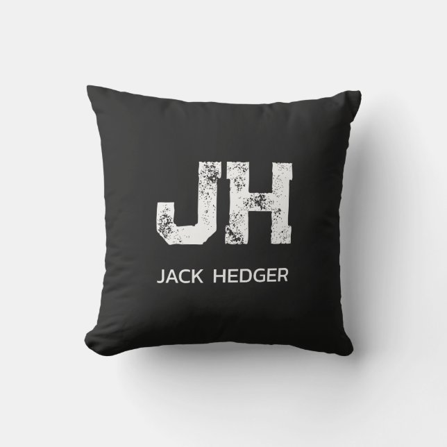 MINIMALIST WHITE TWO LETTER MONOGRAM NAME BLACK  CUSHION (Front)