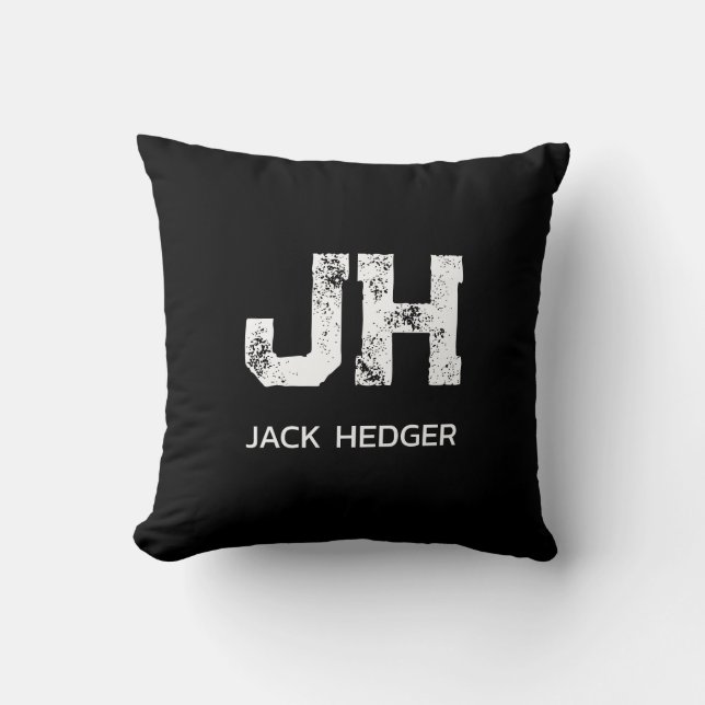 MINIMALIST WHITE TWO LETTER MONOGRAM NAME BLACK  CUSHION (Front)
