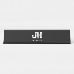 MINIMALIST WHITE TWO LETTER MONOGRAM NAME BLACK DESK NAME PLATE