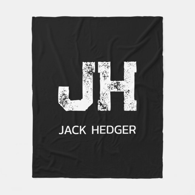 MINIMALIST WHITE TWO LETTER MONOGRAM NAME BLACK FLEECE BLANKET (Front)