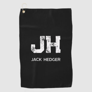 MINIMALIST WHITE TWO LETTER MONOGRAM NAME BLACK  GOLF TOWEL