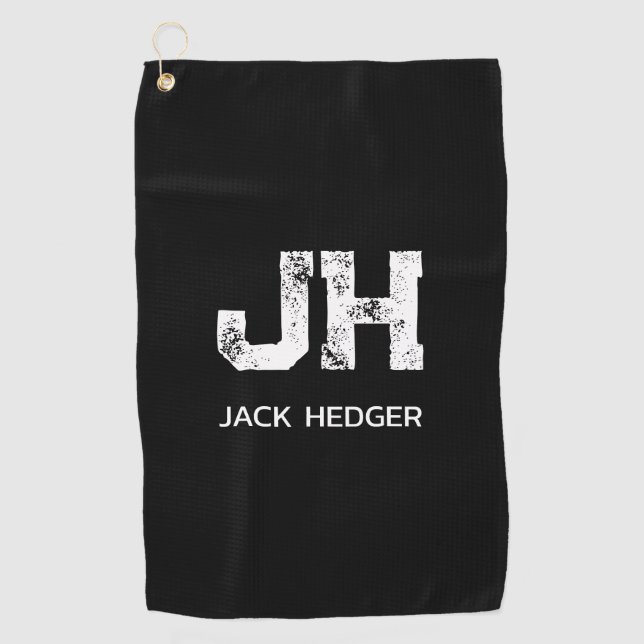 MINIMALIST WHITE TWO LETTER MONOGRAM NAME BLACK  GOLF TOWEL (Front)