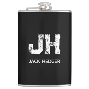 MINIMALIST WHITE TWO LETTER MONOGRAM NAME BLACK HIP FLASK