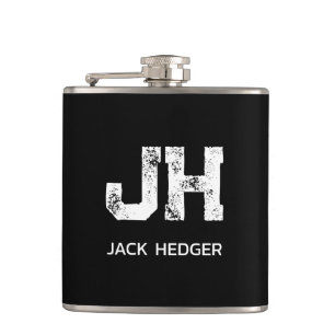 MINIMALIST WHITE TWO LETTER MONOGRAM NAME BLACK HIP FLASK