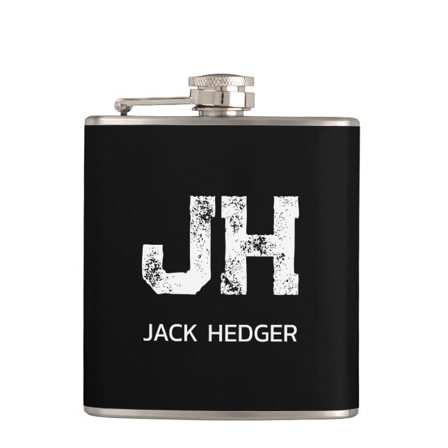 MINIMALIST WHITE TWO LETTER MONOGRAM NAME BLACK HIP FLASK (Front)