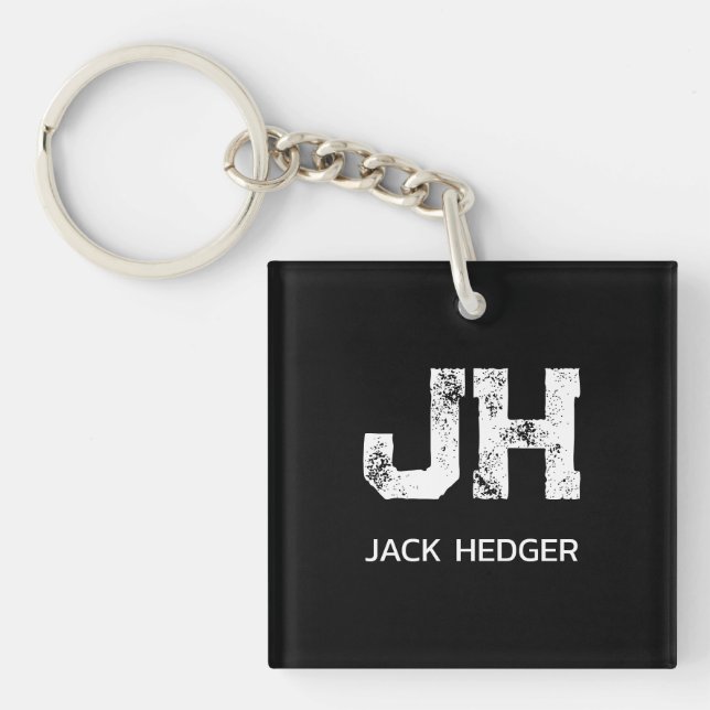 MINIMALIST WHITE TWO LETTER MONOGRAM NAME BLACK KEY RING (Front)