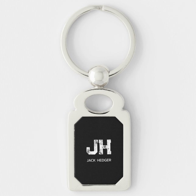 MINIMALIST WHITE TWO LETTER MONOGRAM NAME BLACK KEY RING (Front)