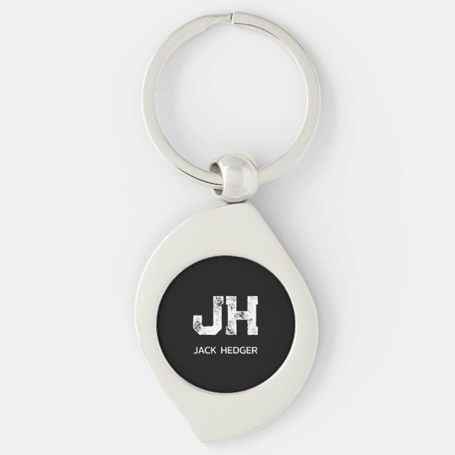 MINIMALIST WHITE TWO LETTER MONOGRAM NAME BLACK KEY RING (Front)