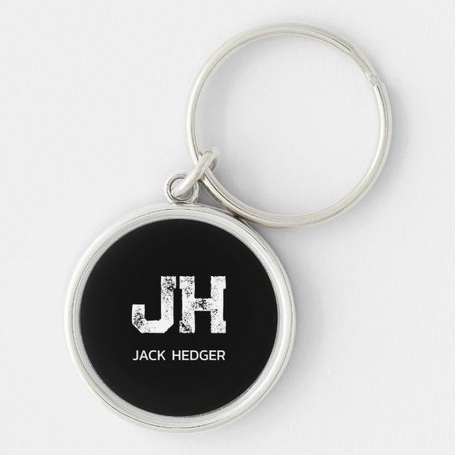 MINIMALIST WHITE TWO LETTER MONOGRAM NAME BLACK  KEY RING (Front)