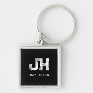 MINIMALIST WHITE TWO LETTER MONOGRAM NAME BLACK  KEY RING