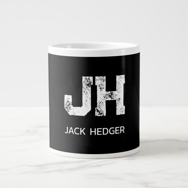 MINIMALIST WHITE TWO LETTER MONOGRAM NAME BLACK LARGE COFFEE MUG (Front)