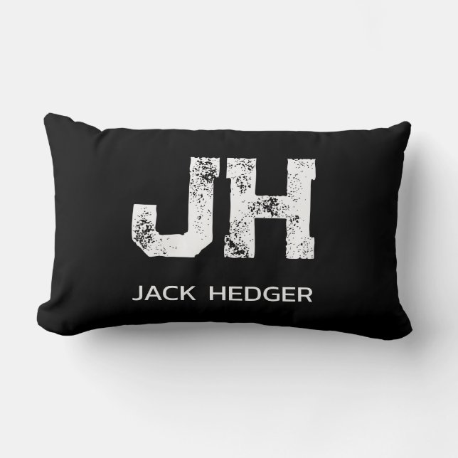 MINIMALIST WHITE TWO LETTER MONOGRAM NAME BLACK  LUMBAR CUSHION (Front)
