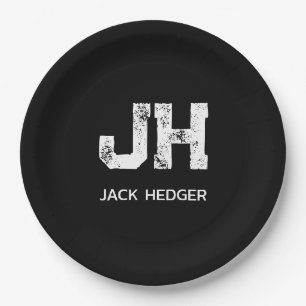 MINIMALIST WHITE TWO LETTER MONOGRAM NAME BLACK PAPER PLATE