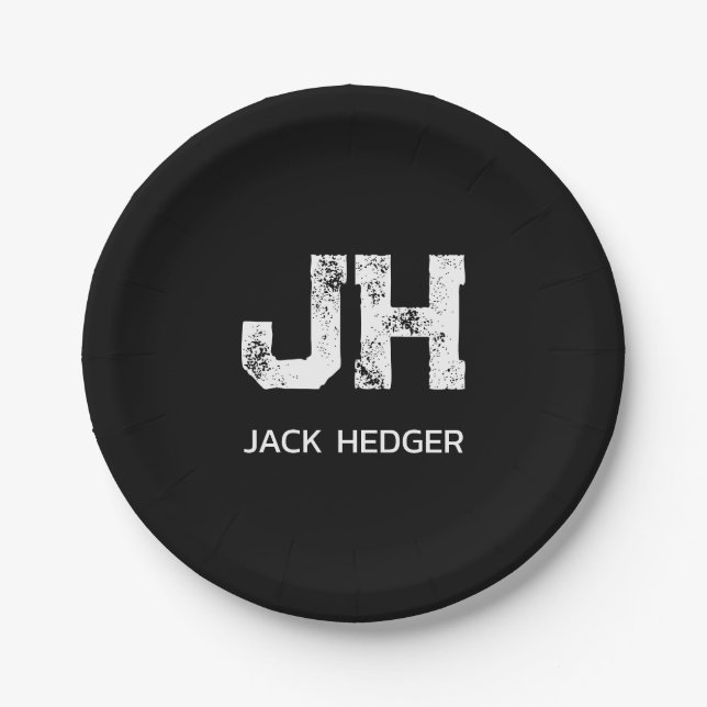 MINIMALIST WHITE TWO LETTER MONOGRAM NAME BLACK PAPER PLATE (Front)