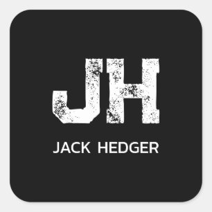 MINIMALIST WHITE TWO LETTER MONOGRAM NAME BLACK SQUARE STICKER