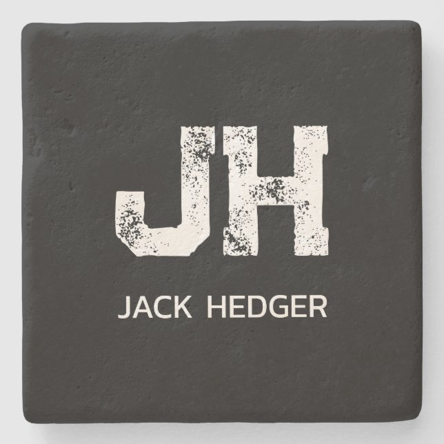 MINIMALIST WHITE TWO LETTER MONOGRAM NAME BLACK STONE COASTER (Front)