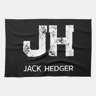 MINIMALIST WHITE TWO LETTER MONOGRAM NAME BLACK  TEA TOWEL