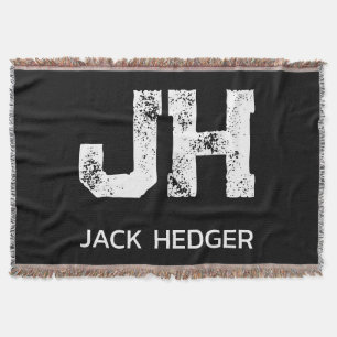 MINIMALIST WHITE TWO LETTER MONOGRAM NAME BLACK THROW BLANKET
