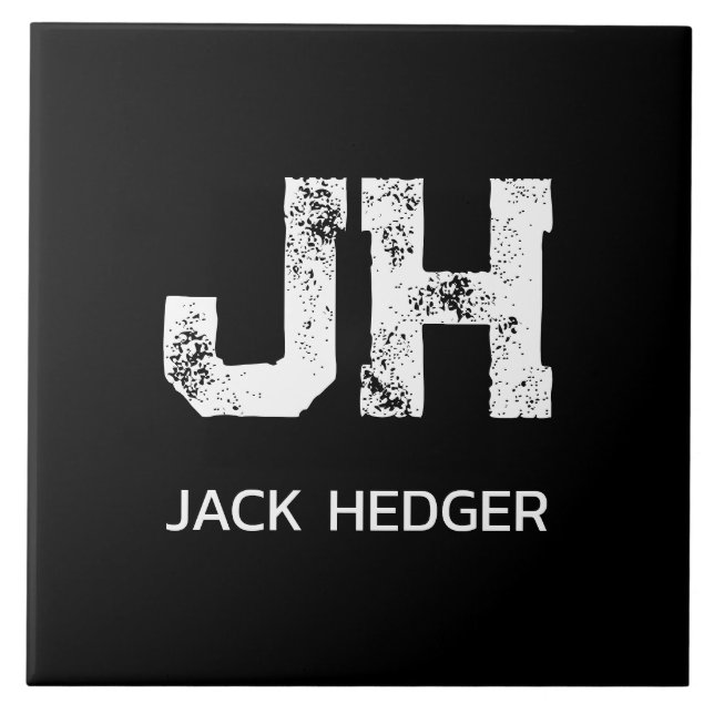 MINIMALIST WHITE TWO LETTER MONOGRAM NAME BLACK TILE (Front)