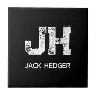 MINIMALIST WHITE TWO LETTER MONOGRAM NAME BLACK TILE