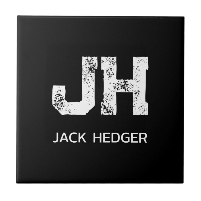 MINIMALIST WHITE TWO LETTER MONOGRAM NAME BLACK TILE (Front)