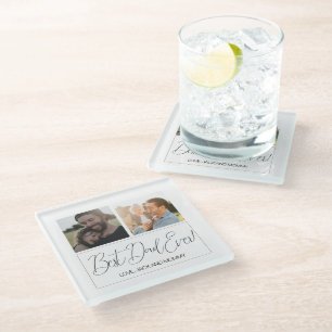 Minimalist White Two Photo Fathers Day Glass Coaster