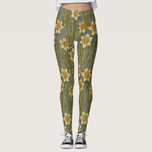 Minimalist White Yellow Daffodil Floral Pattern Leggings