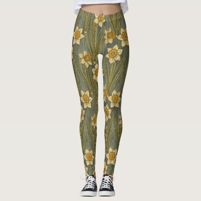 Minimalist White Yellow Daffodil Floral Pattern Leggings (Front)