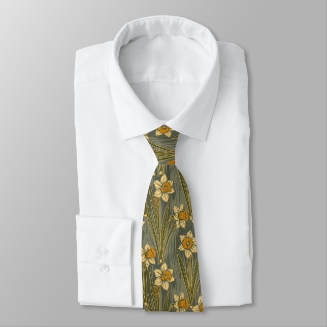 Minimalist White Yellow Daffodil Floral Pattern Tie (Tied)