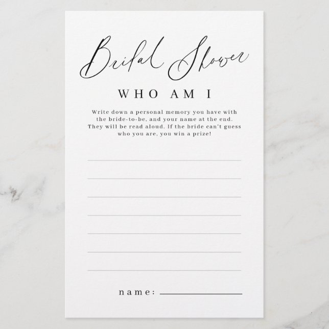 Minimalist who am I bridal shower game (Front)