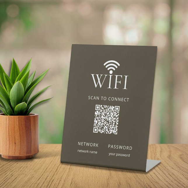 Minimalist WiFi Network Password QR Code Brown Pedestal Sign (Wifi pedestal sign with QR code brown)