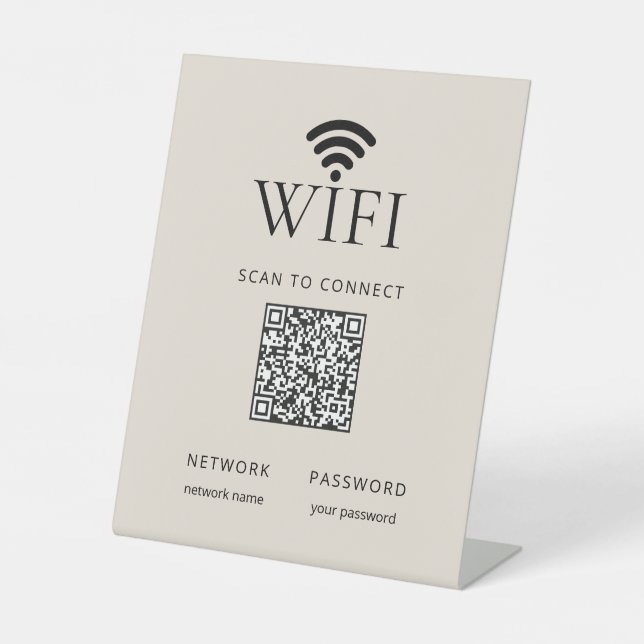 Minimalist WiFi Password Desk Sign QR Code Beige (Front)
