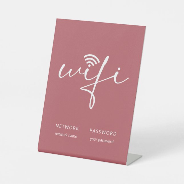 Minimalist WiFi Script Network Password Dusty Red Pedestal Sign (Front)