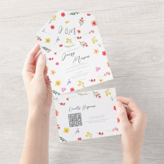 Minimalist Wildflower Botanical wedding QR All In One Invitation (Tearaway)