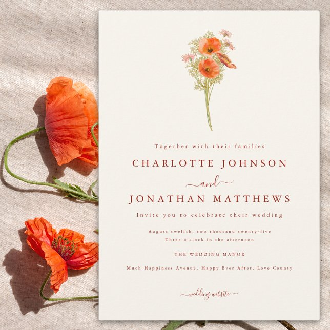 Minimalist Wildflower Fall Wedding Invitation (Minimalist wildflower fall wedding invitation with burnt orange script and watercolor orange florals)